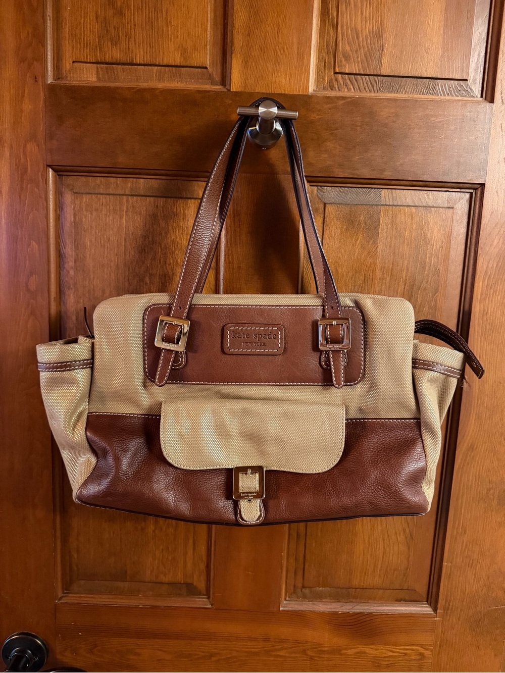 kate spade NWOT Brown Cream Canvas & Baseball Leather Tote Baby Overnight Bag